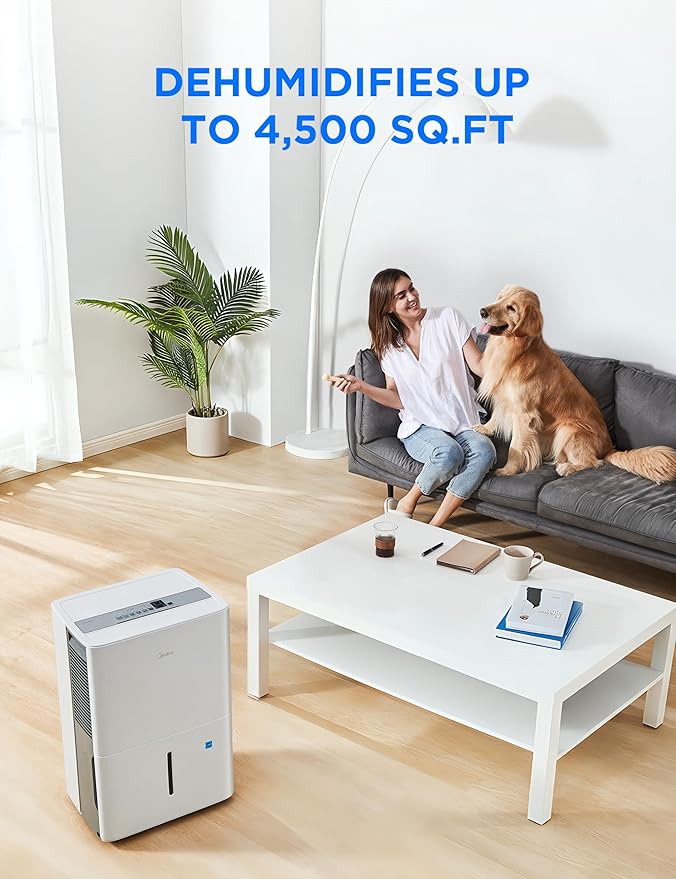Midea 4,500 Sq. Ft. Dehumidifier With Pump Included, 50 Pint - Ideal For Basements, Large & Medium Sized Rooms, And Bathrooms (White) - Image 2
