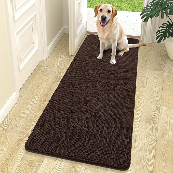 OLANLY Dog Door Mat for Muddy Paws 70x24, Absorbs Moisture and Dirt, Absorbent Non-Slip Washable Doormat, Quick Dry Chenille Mud Mat for Dogs, Entry Indoor Entryway Carpet for Inside Floor, Brown by OLANLY