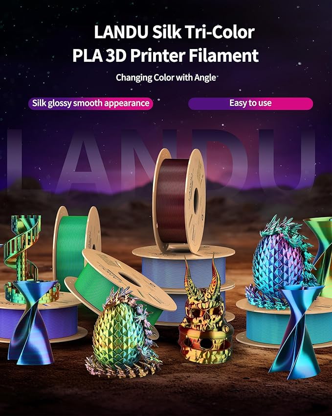 LANDU Silk Tri-Color PLA Filament 1.75mm 1Kg,Triple Color Silk PLA Filament, Silk Rainbow PLA Filament,Neatly Wound 3D Printer Filament,3 in 1 Multi Color Filament +/-0.02mm, Silk Rose Blue Green - Image 7