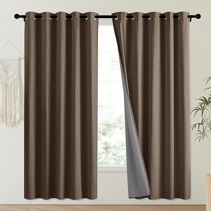 NICETOWN Coffee Vintage Linen 100% Blackout Curtains for Playroom, Thermal Insulated Curtains 72" Long, Noise Reducing Window Treatment Drapes for Laundry Room, 62" Wide Per Panel, Set of 2 - Image 2