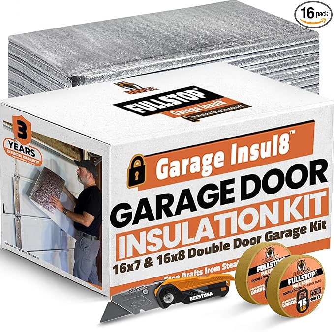 BEEST FULLSTOP Garage Door Insulation Kit - 16x7 & 16x8ft Single Garage Door Insulation Panels - 16 Pre-Cut 24x48 Foam-Core Panels w/ Tape, Cutter & Squeegee - Easy DIY For Instant Temperature Control by BEEST