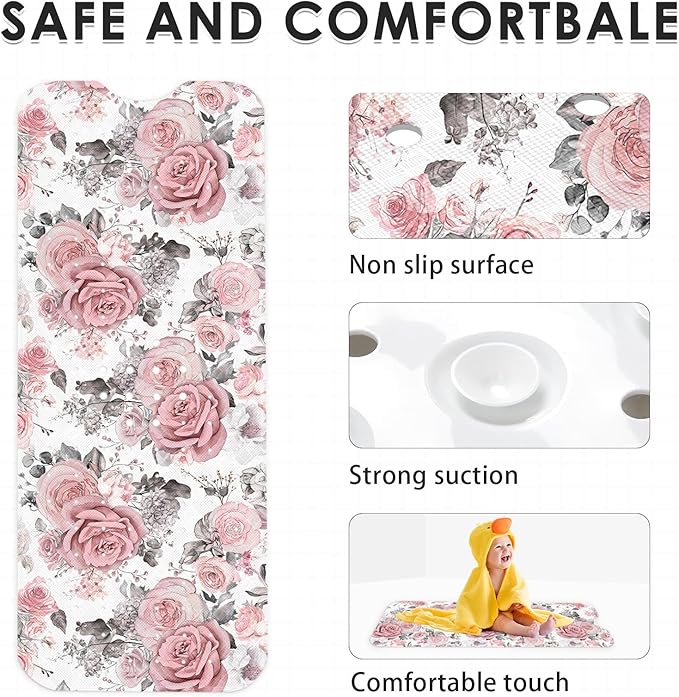Pink Flower Leaves Bath Mat Non Slip, Floral Rose Spring 40 X 16 Inch Extra Long Bathtub Shower Mat for Tub Anti Slip with Suction Cups and Drain Holes for Kids Adults Elderly - Image 4
