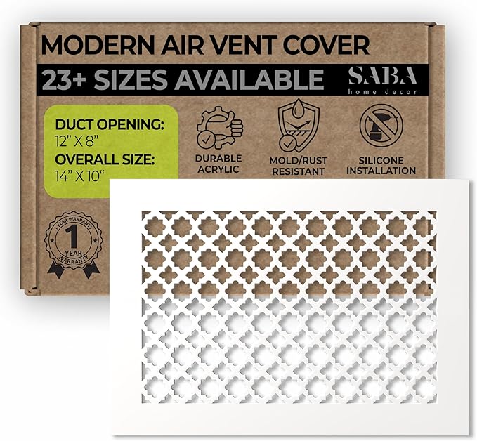 SABA Home Decor Air Vent Cover Grille - Acrylic Plexiglass 8" x 12" Duct Opening, 10" x 14" Overall White Finish Decorative Covers for Walls & Ceilings NOT for Floor USE, Venetian by SABAHomeDecor