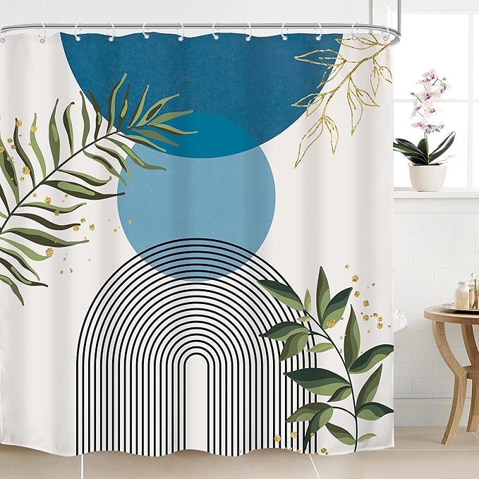 Blue Boho Modern Shower Curtain 72Wx72H Mid Century Abstract Gold Green Leaves Sun Arch Minimalist Geometric Aesthetic Plant Bathroom Decor Neutral Bath Curtain Fabric Polyester 12 Pack Hooks by MitpokBrand