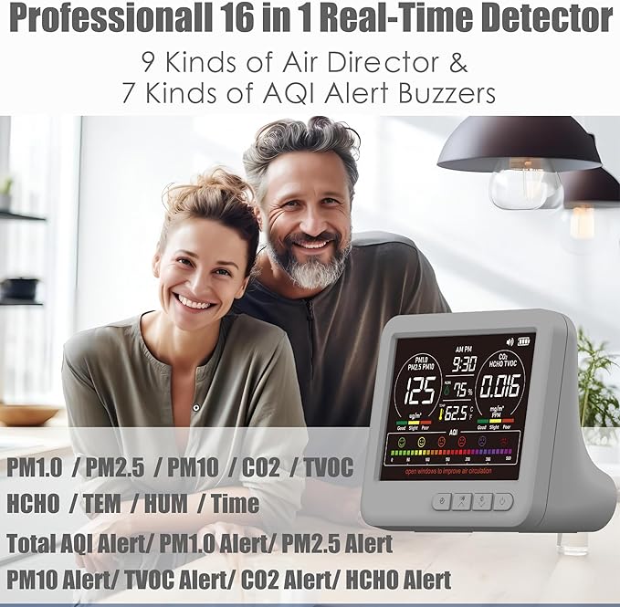 Professional Indoor Air Quality Monitor with 7X AQI,16 in 1 Portable Real-Time Detector for PM2.5 | PM10 | CO2 | TVOC | HCHO | Temp | Hum for Home Cars Plants Pets (Gray) - Image 2