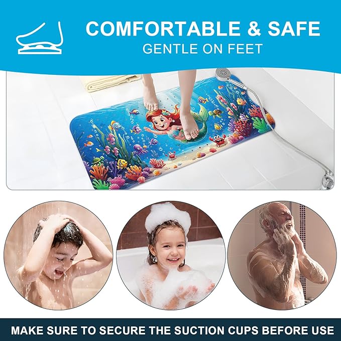 XIYUNTE Baby Bath Mat for Tub Non Slip Kids Bath Mat - 40''x16'' Extra Long Cartoon Turtle Baby Bath Tub Mat Eco-Friendly Toddler Bath Mats with Suction Cups & Drain Holes, Easy to Clean & Easy Drying - Image 8