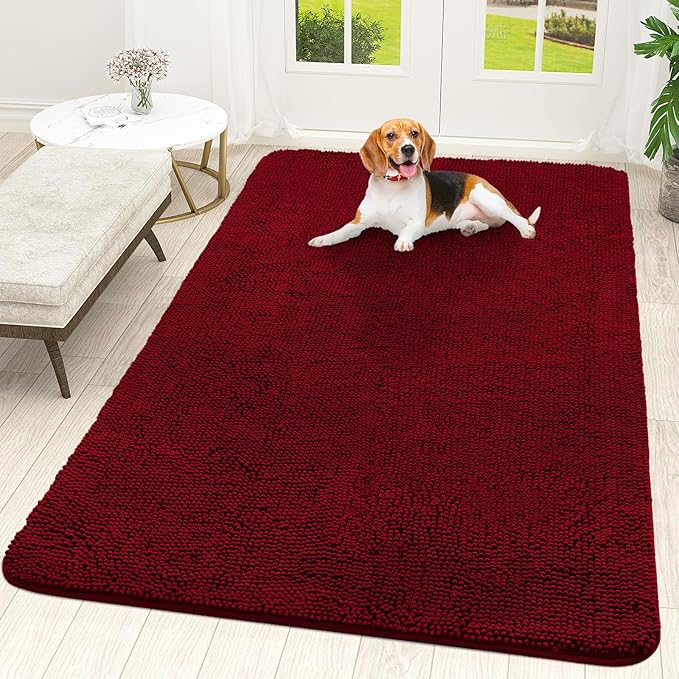 OLANLY Dog Door Mat for Muddy Paws 70x46, Absorbs Moisture and Dirt, Absorbent Non-Slip Washable Doormat, Quick Dry Chenille Mud Mat for Dogs, Entry Indoor Entryway Carpet for Inside Floor, Red by OLANLY
