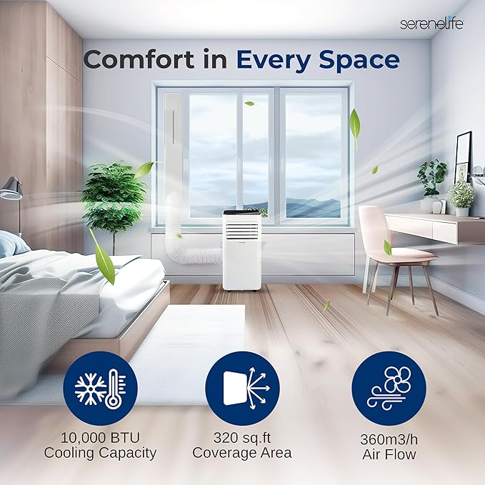SereneLife Portable Air Conditioner 10000 BTU - 3-in-1 Compact Standing Air Conditioner for Room Up to 320 Sq. Ft. - Floor AC Unit with Remote Control - Universal Casters, Window Mount Kit - Image 6