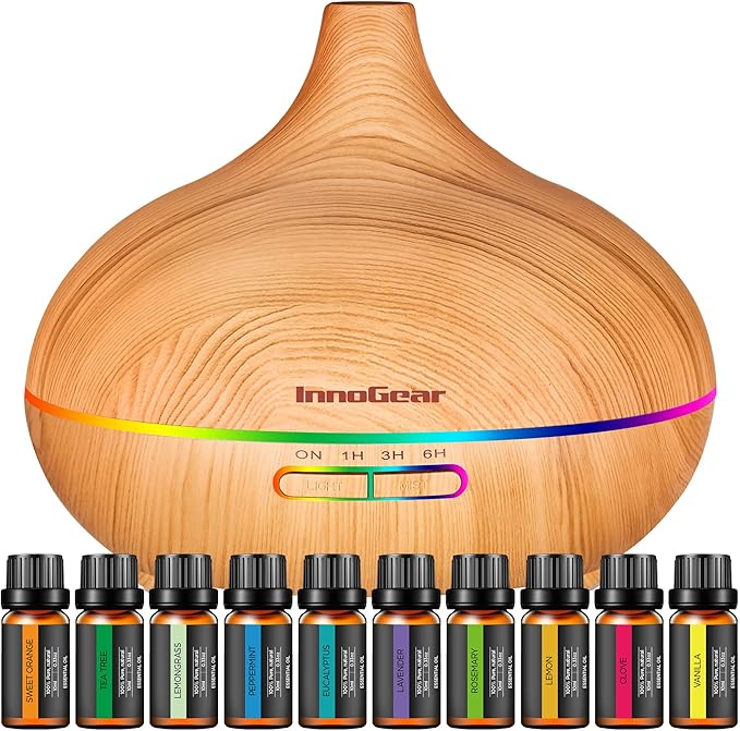 InnoGear Aromatherapy Diffuser & 10 Essential Oils Set, 400ml Diffuser Ultrasonic Diffuser Cool Mist Humidifier with 4 Timers 7 Colors Light Waterless Auto Off for Large Room Office, Yellow Wood Grain by InnoGear