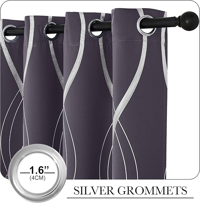 NICETOWN Blackout Curtains Panels for Living Room, Greyish Purple, 52" Wide x 84" Long, 2 Panels, Sound Reducing Thermal Insulated Wave Line Foil Print Design Curtains for Patio Sliding Glass Door - Image 3