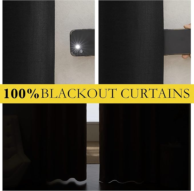 NICETOWN Black Truly Blackout Linen Blend Flax Drapes for Office, Vintage Grommet 100% Blackout Curtains with White Liner Backing for Kitchen Dorm Window（Set of 2, 62" Wide x 63" Long - Image 2