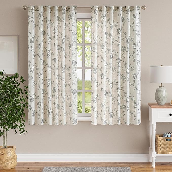 jinchan Linen Curtains Floral Curtains 63 Inch Length for Living Room Bedroom Light Filtering Rod Pocket Back Tab Jacobean Curtains Flax Linen Texture Window Drapes Set 2 Panels Dark Grey on Linen - Image 2