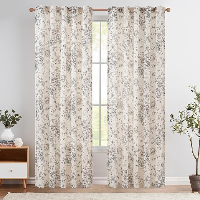 jinchan Linen Blend Curtain Floral Curtains for Living Room 90 Inch Length Black Printed Curtain Rod Pocket Back Tab Farmhouse Peony Flower Patterned Drapes Bedroom Window Curtains Set 2 Panels by JINCHAN