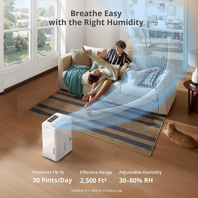 Kesnos 2,500 Sq. Ft. Energy Star 2025 Dehumidifier for Home & Basement, Ideal for Bedroom with Ultra Quiet 36 dB, 0.39-Gallon Water Tank with Drain Hose, 4 Pre-Set Modes, Auto Defrost, Timer - Image 2