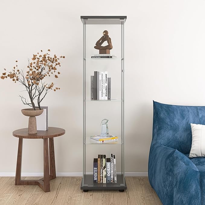 Yoluckea 4 Shelves Glass Display Cabinet with Door, Curio Collection Glass Display Case for Home Office, Floor Standing Bookshelf Corner Cabinet for Book, Toys, Glory(Black) - Image 4