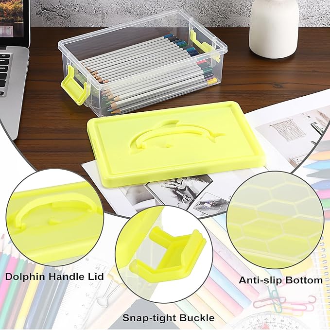 BTSKY 1-Pack Clear Plastic Storage Box with Lid, Stackable Organizer Featuring Easy-Lift Dolphin Design, Multi-Use Portable Container for Home, Craft, Office, Space-Saving with Secure-Clasp, Yellow - Image 3
