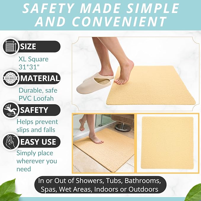 Square Shower Mat - Non Slip Shower Mats for Inside Shower - Extra Large 31x31 Shower Floor Mat Non Slip - Square Bath Mat for Shower - Secure Anti Slip Loofah Shower Bath Mat (31x31 Beige) - Image 3