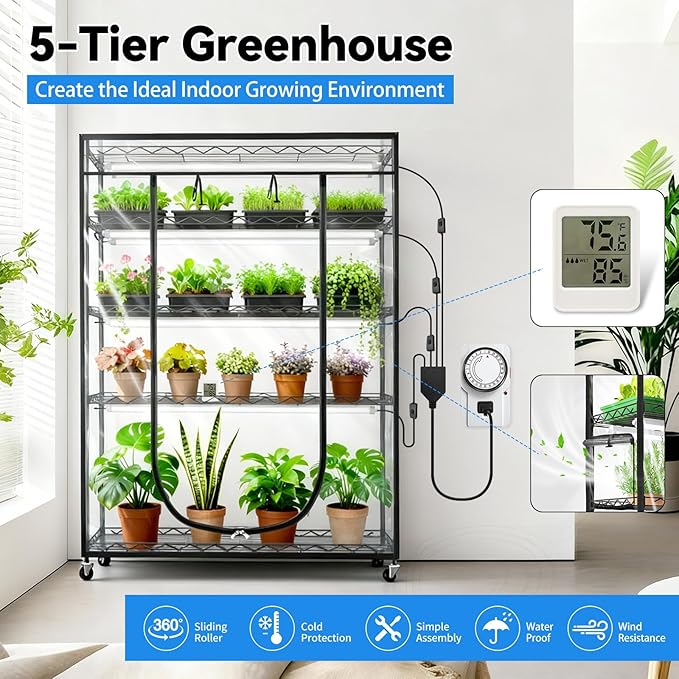 JESLED Indoor Greenhouse with Grow Light, 4FT Full Spectrum 5000K LED Light for Seed Starting, Tiered Lighting Control, Built-in Timer & Thermo-Hygrometer, Rolling Metal Plant Stand (47.2x13.8x70IN) - Image 3