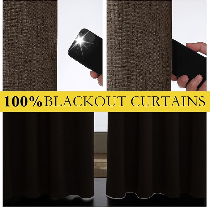 NICETOWN Coffee Vintage Linen 100% Blackout Curtains for Living Room, Thermal Insulated Curtains 90" Long, Noise Reducing Window Treatment Drapes for Home Office, 62" Wide Per Panel, Set of 2 - Image 4