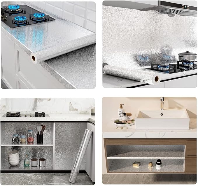 Kitchen Backsplash Wallpaper Peel and Stick Aluminum Foil Contact Paper Self Adhesive Oil-Proof Waterproof Heat Resistant Wall Sticker for Countertop Drawer Liner Shelf Liner(15.7X197 Inches) - Image 4