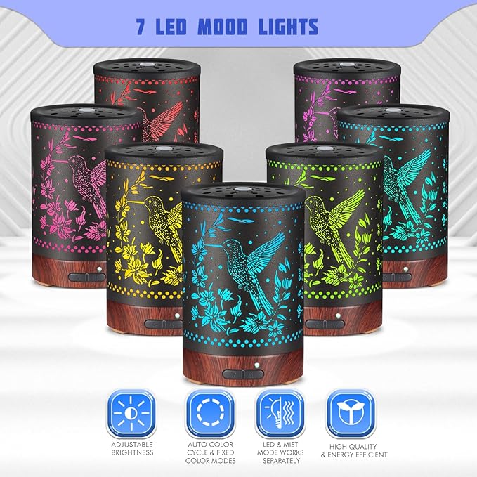 Metal Essential Oils Diffuser 150ML Aromatherapy Diffuser Cool Mist Humidifier with 7 Colors Lights Waterless Auto Off Air Diffusers as Gifts for Moms Women Girls (E-Hummingbird) - Image 2