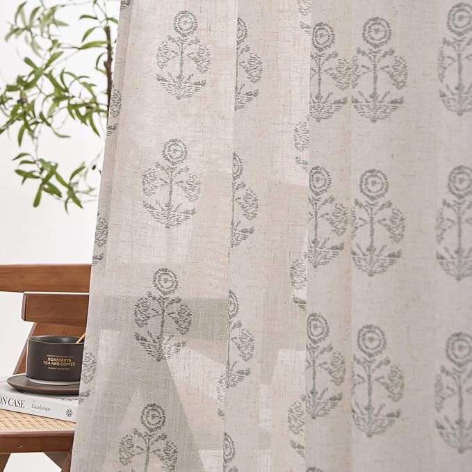 jinchan Linen Floral Curtains for Living Room 84 Inch Length Gray Flower Cottage Core Farmhouse Curtains Rod Pocket Back Tab Boho Semi Sheer Window Drapes Bedroom Set 2 Panels Grey on Beige - Image 3