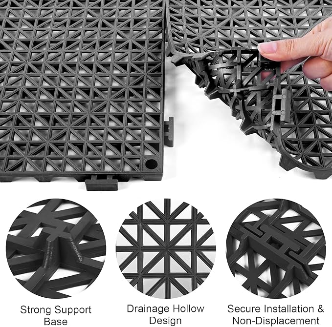 MYFAMIREA Modular Interlocking Cushion 12 Pack 11.8" x 11.8" Rubber Floor Tiles Non-Slip Splicing Drainage Mats for Deck, Pool, Outdoor Shower, Patio, Balcony, Indoor Bathroom, Kitchen (Gary Black) - Image 4