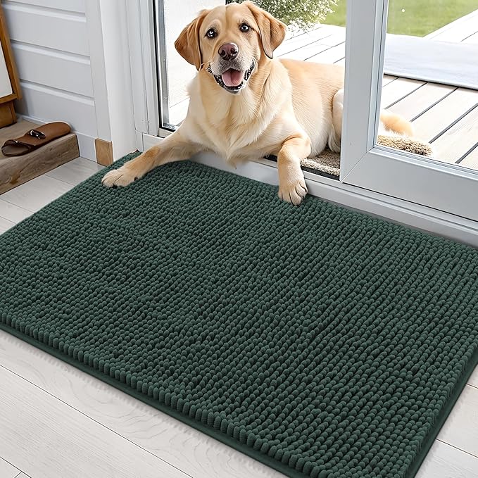 OLANLY Dog Door Mat for Muddy Paws 36x24, Absorbs Moisture and Dirt, Absorbent Non-Slip Washable Doormat, Quick Dry Chenille Mud Mat, Entry Indoor Entryway Carpet for Inside Floor, Blackish Green by OLANLY