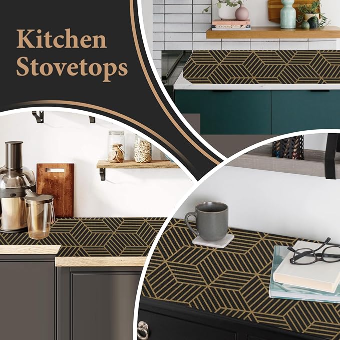 Shelf Liners for Kitchen Cabinets 12in x 30FT, Non Adhesive Cabinet Liner Strong Non-Slip Black Gold Geometric Drawer Liner, Easy to Clean for Shelf, Cabinet with Knife and Tape Measure - Image 6
