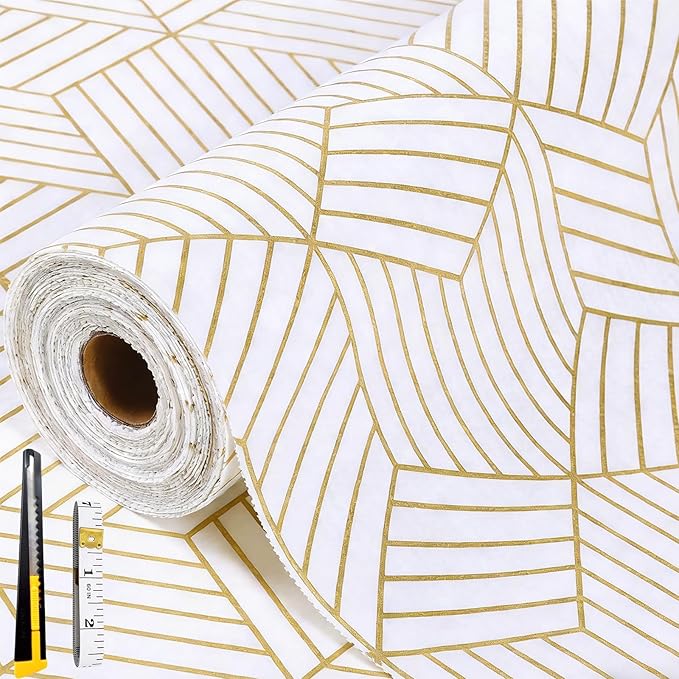 Shelf Liners for Kitchen Cabinets 12IN x 10FT, Non Adhesive Cabinet Liner Strong Non-Slip Thickened Gold Geometric Drawer Liner, Easy to Clean for Shelf, Cabinet with Knife and Tape Measure by FreeNook