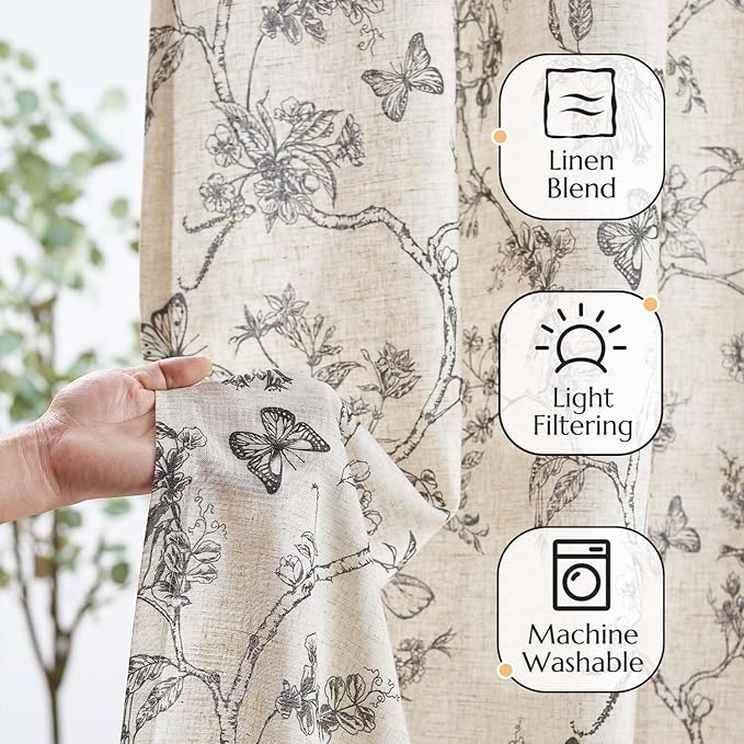 jinchan Floral Curtains Lined Linen Blend Curtain for Living Room 84 Inch Length Black Farmhouse Flower Patterned Curtain French Country Curtains Drapes Back Tab Rod Pocket 2 Panels - Image 2