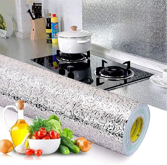 Kitchen Wallpaper Oil Proof Sticker Backsplash Aluminum Foil Self-Adhesive Paper Silver Cabinet Liner Shelf Liner Waterproof and Heat Resistant Peel and Stick Backsplash(15.7X118 Inches) - Image 2