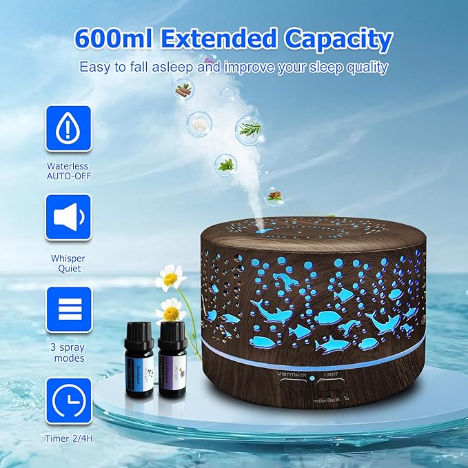 Diffusers for Essential Oils Large Room with R/C,600ml Essential Oil Diffusers for Home,Waterless Auto Off 7 Colors Changed 3 Mist Modes,Cool Mist Humidifiers for House Bedroom Decor,Gifts,Dark Wood - Image 2