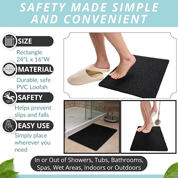 ENKOSI Loofah Non-Slip Shower and Bath Mat - Soft Cushioned Comfort - No Suction Cups for Smooth or Textured Tubs - Fast Draining - Safety for Bathroom, Family, Kids, and Elderly (24x16 Black) - Image 3