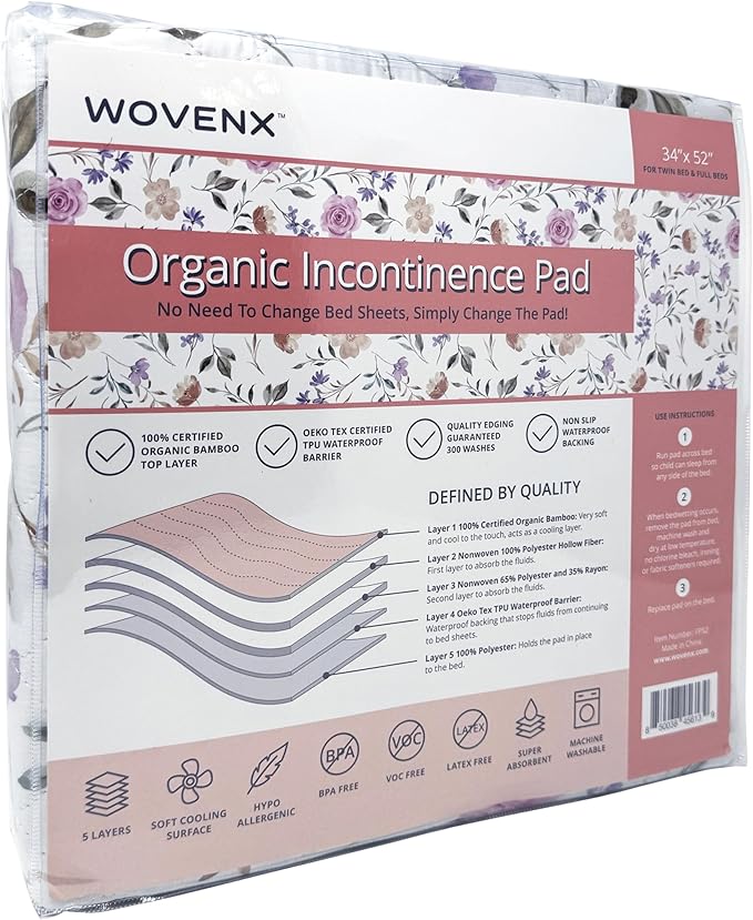 Organic Incontinence Pads for Kids & Toddlers - 5 Layer Waterproof Protectors for Overnight Bed Wetting - Reusable & Washable Pee Pads - Fits Twin to Full Size Beds - 34" x 52" Flower - Image 2