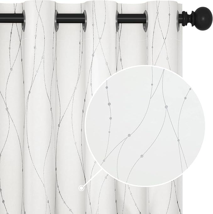 Deconovo Room Darkening Curtains, Pure White Curtain, Thermal Insulated Noise Reduced Drapes, Silver Wave Dots Print, 52 x 108 Inch Long, Machine Washable Window Panels for Patio Door, Set of 2 by Deconovo