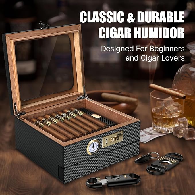 Cigar Humidor, Cedar Wood Humidor Cigar Box, Glass Top Desktop Humidor with Front Hygrometer, Humidifier, Divider, Accessories Drawer and Combination Lock, Cigar Gifts for Men (Carbon Black) - Image 7