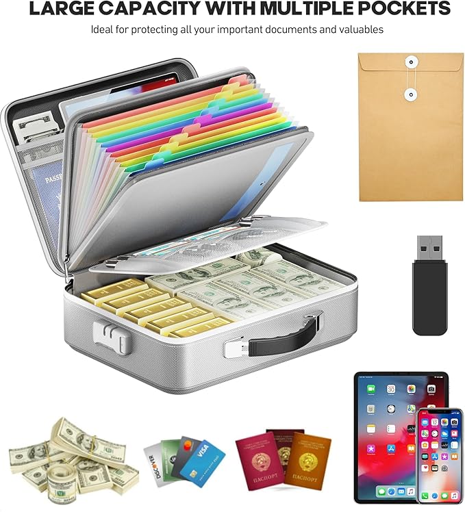 Fireproof Document Box, Hard Case Highly Flame-Resistant Fire Proof Waterproof File Organizer with Lock, Portable Fire Safe for Important Documents & Valuables Storage (Gray, ‎15"*11"*5") - Image 3