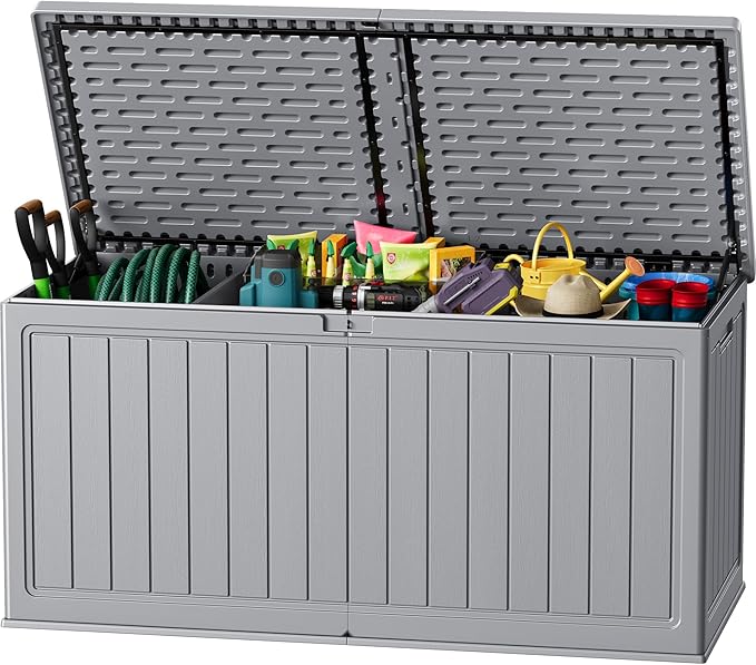 JUMMICO 270 Gallon Outdoor Storage Deck Box with Divider, Double Wall Storage Box with Lockable Lid for Garden Tools, Pools Supplies (Gray) by JUMMICO