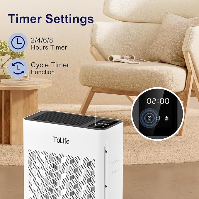 Tolife Air Purifier Large Room, Air Purifiers for Home Pets Hair with Washable Filter, Air Cleaner for Bedroom up to 1095 Ft² Dust Smoke Odor, Sleep Mode, Timer, White - Image 6