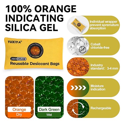12Pack (200g Each) Rechargeable Silica Gel Desiccant Packets,Color-Indicating Desiccant Packs for Storage.Moisture Absorbers for Storage Bins,Suitcases,Safe,3D Filaments,Wet Zones and Cars - Image 3