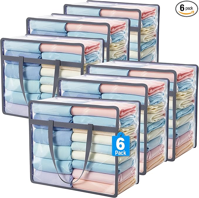 Budding Joy 6 Pack Clear Zippered Storage Bags for Clothes,40L Closet Organizers and Storage Containers Vinyl Moving Bag for Bedding, Linen, Blankets, Comforters, Clothing & Toys, Grey by BuddingJoy-BuildaJoyfulLifeforYou