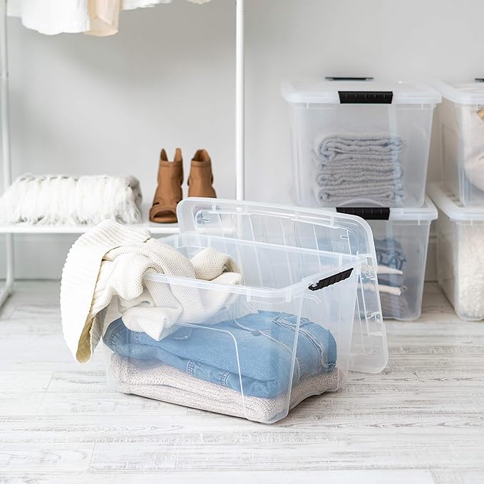 IRIS USA 40 Qt Stackable Plastic Storage Bins with Lids, 4 Pack - BPA-Free, Made in USA - See-Through Organizing Solution, Latches, Durable Nestable Containers, Secure Pull Handle - Clear - Image 4