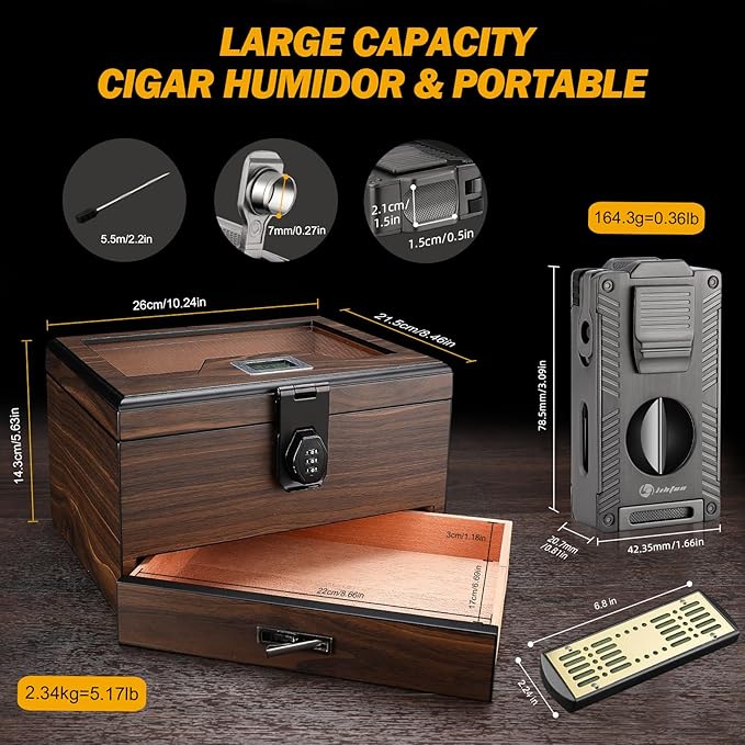 Cigar Humidor and Cigar Lighter Kit, Cedar Wood Cigar Case with Digital Hygrometer and Combo Lock, Multi-Function All-in-1 Butane Lighter and Humidor Box, Cigar Gift for Men, Can Hold 50 Cigars - Image 5