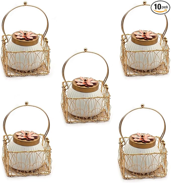 Set of 10 Lot Dry Fruit Jar with Golden Net Basket and Lid 4 Inch, Return Gifts, Serving Bowls/Jars for Parties, Wedding Gifts by IndiaGiftHub