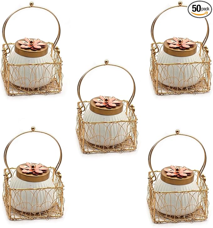 Set of 50 Lot Dry Fruit Jar with Golden Net Basket and Lid 4 Inch, Return Gifts, Serving Bowls/Jars for Parties, Wedding Gifts by IndiaGiftHub