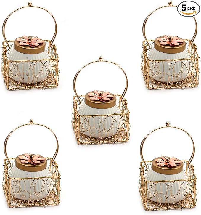 Set of 5 Wholesale Lot Dry Fruit Jar with Golden Net Basket and Lid 4 Inch, Return Gifts, Serving Bowls/Jars for Parties, Wedding Gifts by IndiaGiftHub