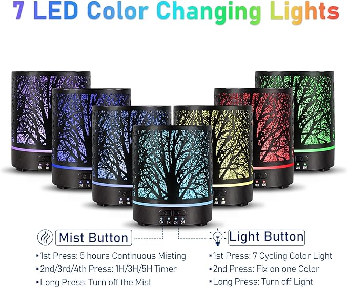 Essential Oil Diffuser Aromatherapy Diffuser -300ml Metal Electric Ultrasonic Oil Diffuser for Large Room with Auto Shut-Off Protection, 4 Timer Setting &7 Colors Night Light for Home (Tree-300ML) - Image 2