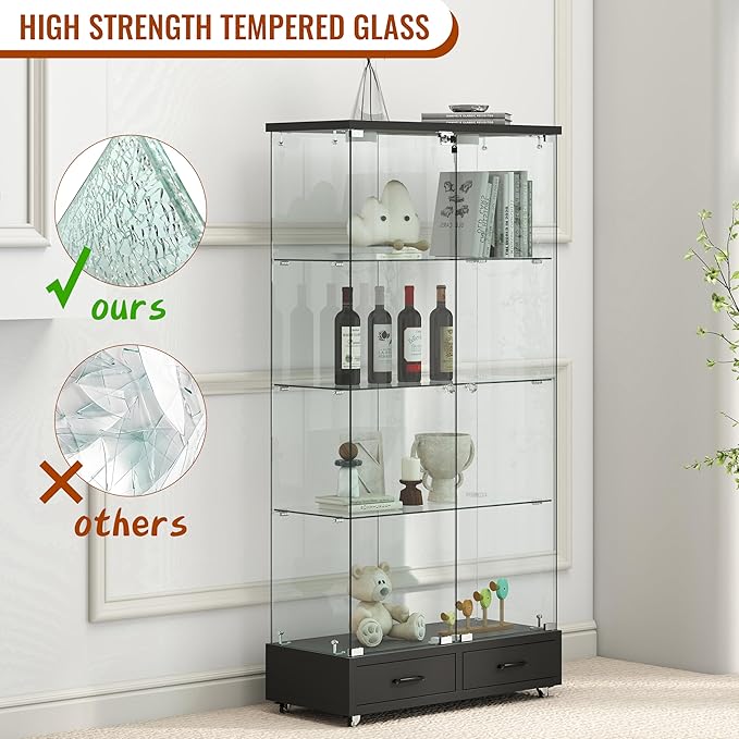 Yoluckea 4-Tier Glass Display Cabinet with LED Lighting and 2 Drawers, 2-Door Floor Standing Curio Cabinet with Wheel for Home, Office, Corner Display, Black Glass Bookshelf for Collections and Decor - Image 6