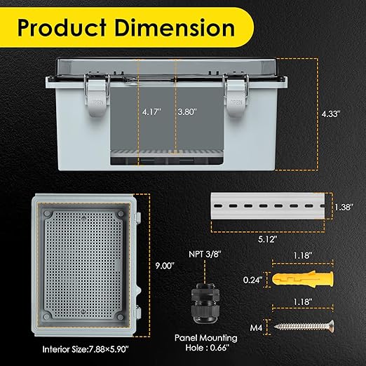 Waterproof Electrical Junction Box Outdoor, IP67 ABS Plastic Weatherproof Electrical Enclosure with Aluminum DIN Rail, Mounting Platem for WiFi Project, Clear (8.7''x6.7''x4.3) - Image 3